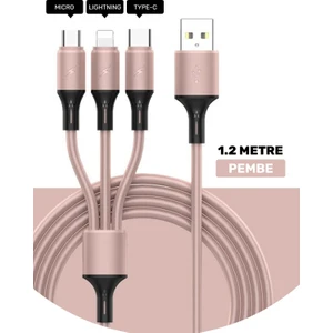 Huawei Xiaomi Samsung Iphone Uyumlu Çoklu Şarj Aleti Cihazı Kablosu Type-C Micro Lightning 3lü Şarj
