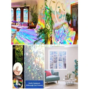Dekoratif Uv Koruyucu Transparan 3D Gökkuşağı Cam Folyosu Statik Sticker 3 Metre x 60 cm