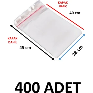 400 Adet Şeffaf Yapışkanlı Delikli Poşet - Opp Kendinden Yapışkanlı  Parlak Poşet Delikli 28X45 cm