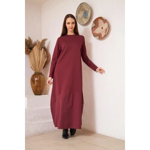 Darlin Moda Bordo Uzun Kollu Eteği Poplin Detaylı Maxi Boy Elbise DM4640