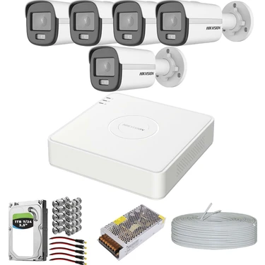 HIKVISION Premium Set 7/24 Renkli 5 Kameralı Kamera Sistemi 1TB HDD Gece Görüş Özelliği