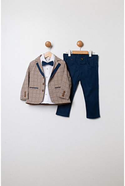 Pollito Erkek Çocuk Mavi Ekose Ceket Indigo Pantolon 4'lü Takım Elbise