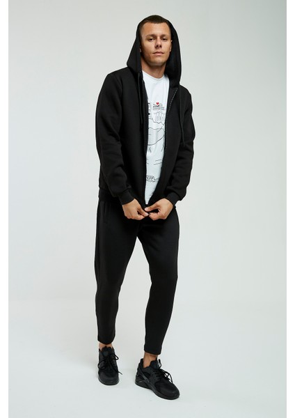 Siyah Kapüşonlu, Fermuarli Erkek Sweatshirt