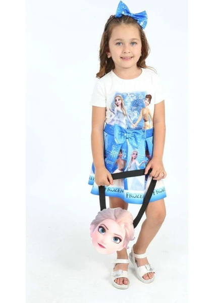 Yaren Kids Kız Çocuk Mavi Elsa ve Anna Desenli 4lü Takım10