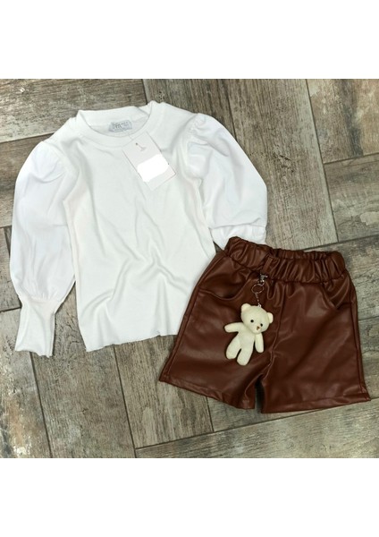 Kız Çocuk Deri Kahverengi Şort Bluz Oyuncak Detay Takım