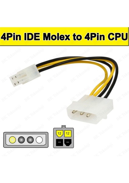 4 Pin Molex - Atx P4 Cpu 4-Pin 12V Psu Güç Kaynağı Konektörü Adaptör Kablosu