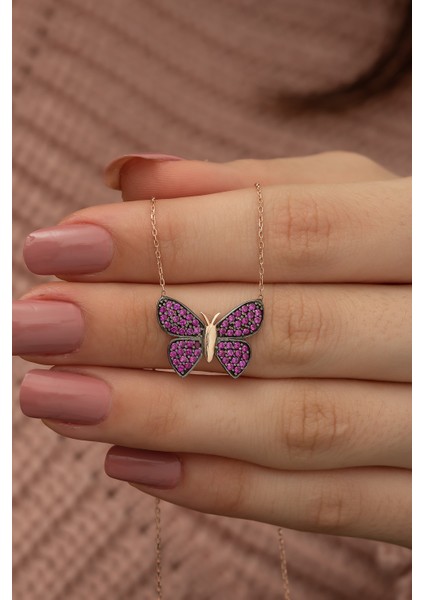 925 Ayar Pembe Kelebek Kolye Kadın Gümüş Kolye