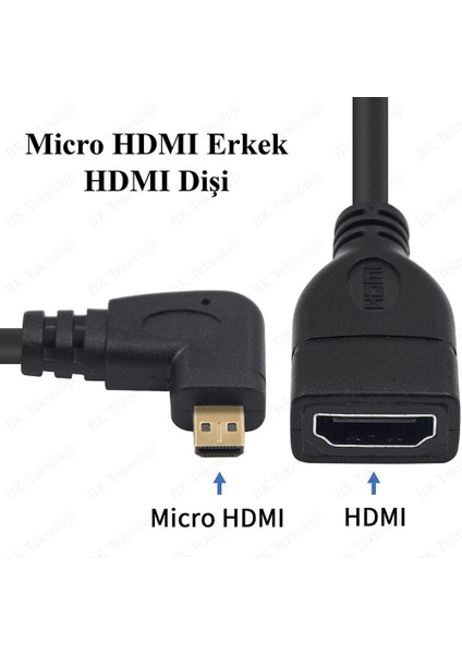 BK Teknoloji 90 Derece Açılı Micro HDMI Erkek To HDMI Dişi  Tablet Kamera Kablosu 1.8 Metre