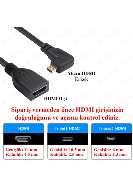 BK Teknoloji 90 Derece Açılı Micro HDMI Erkek To HDMI Dişi  Tablet Kamera Kablosu 1.8 Metre