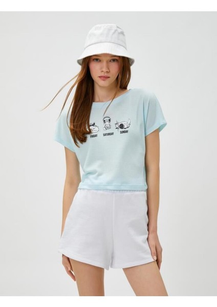 Crop Tişört Baskılı Bisiklet Yaka Kısa Kollu