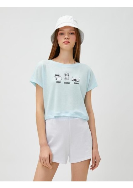 Crop Tişört Baskılı Bisiklet Yaka Kısa Kollu modelleri