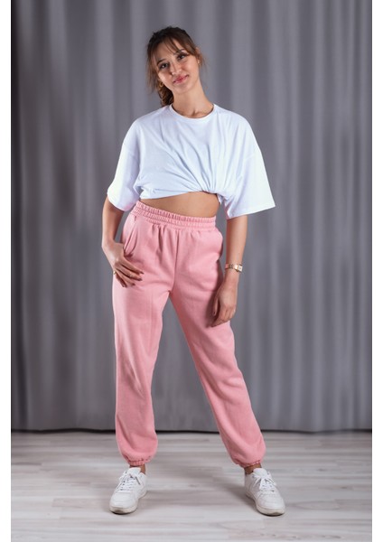 Unisex Açık Pembe Bol Kalıp İçi Puflu Kalın Jogger Eşofman Altı