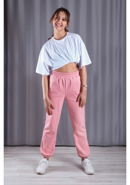 Unisex Açık Pembe Bol Kalıp İçi Puflu Kalın Jogger Eşofman Altı fiyatları