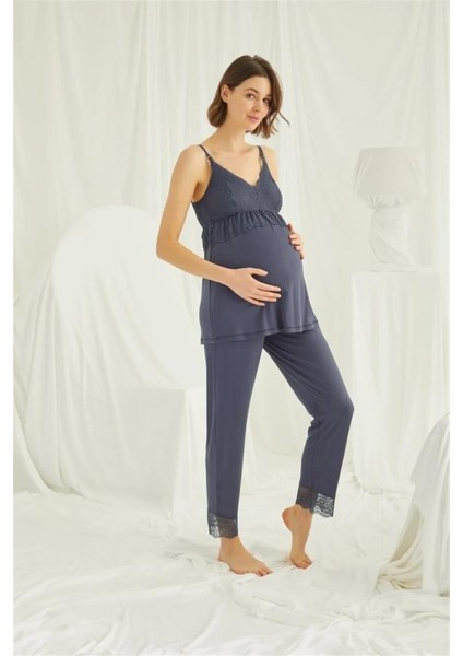 18432 Lacivert Hamile Lohusa 3 Lü Pijama Sabahlık Tk