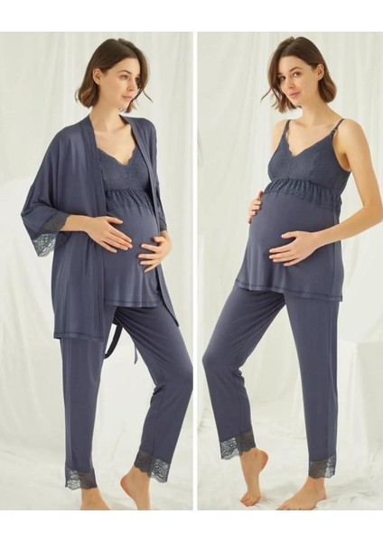 18432 Lacivert Hamile Lohusa 3 Lü Pijama Sabahlık Tk