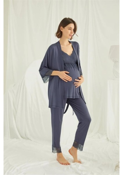 18432 Lacivert Hamile Lohusa 3 Lü Pijama Sabahlık Tk