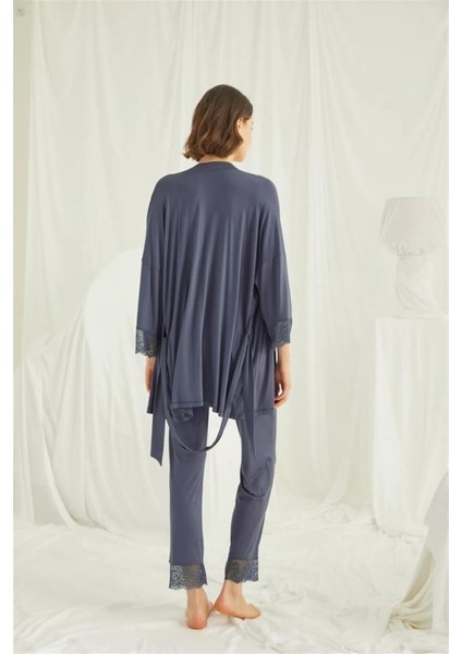 18432 Lacivert Hamile Lohusa 3 Lü Pijama Sabahlık Tk
