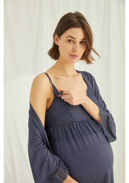 18432 Lacivert Hamile Lohusa 3 Lü Pijama Sabahlık Tk