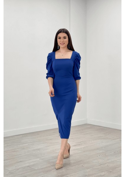 Örme Krep Kumaş Kare Yaka Yırtmaçlı Elbise - Saks Mavi fiyatları