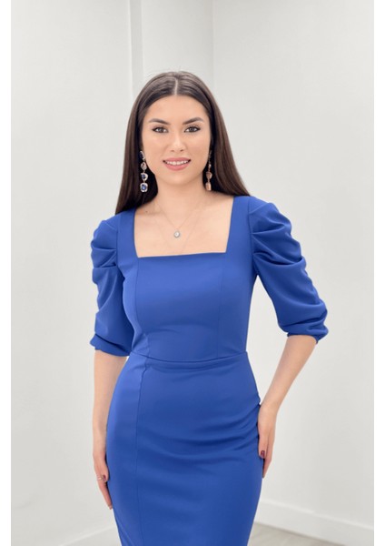 Örme Krep Kumaş Kare Yaka Yırtmaçlı Elbise - Saks Mavi modelleri