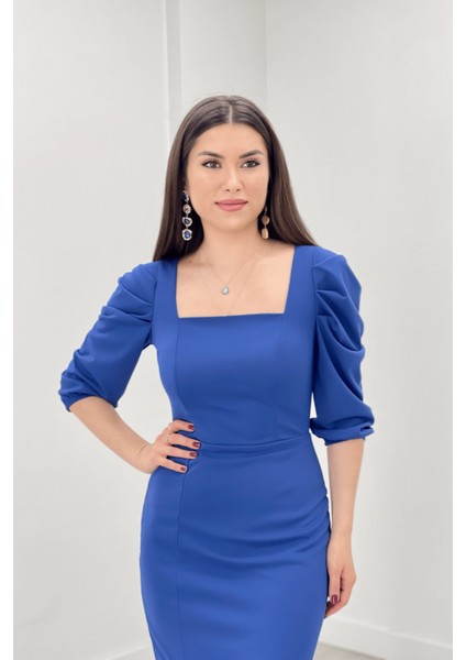 Örme Krep Kumaş Kare Yaka Yırtmaçlı Elbise - Saks Mavi fırsatları