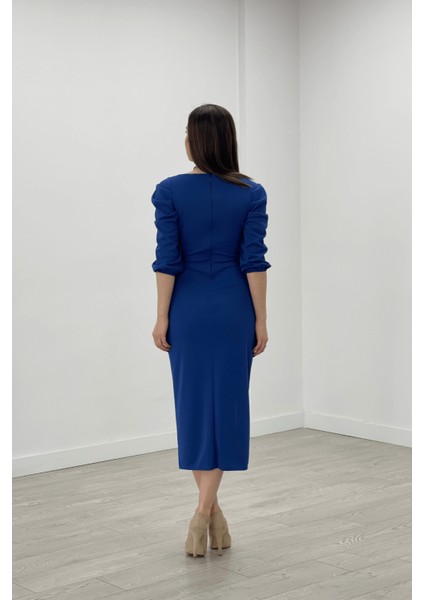 Örme Krep Kumaş Kare Yaka Yırtmaçlı Elbise - Saks Mavi indirimleri