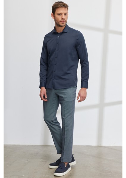 Erkek Lacivert Slim Fit Dar Kesim Italyan Yaka Armürlü Gömlek fırsatları