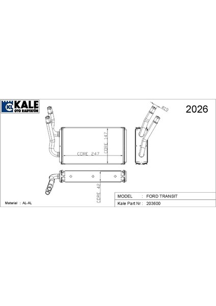Kalorifer Radyatörü Ford Transıt V347 06-14 (2.2/2.4/3.2 Lt) 2 Sıra Alüminyum Brazing Sistem