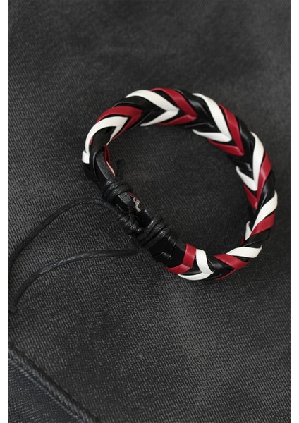 Bordo Beyaz Siyah Örgü Deri Erkek Bileklik fiyatları
