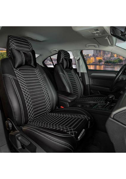 Fiat Stilo Lüx Full Deri Oto Koltuk Kılıfı Ön Arka Takım (Giydirme Tip) Siyah Beyaz