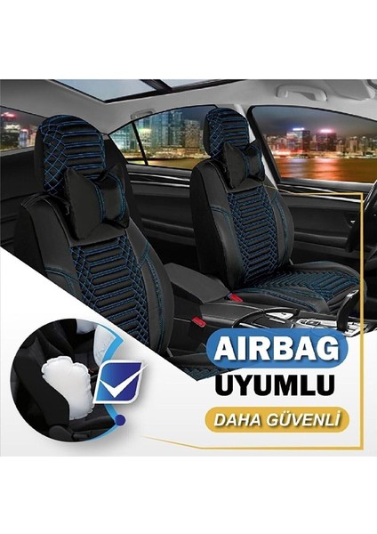 Geely Emgrand Lüx Full Deri Oto Koltuk Kılıfı Ön Arka Takım (Giydirme Tip) Siyah Mavi