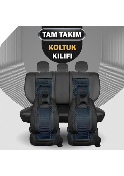 Ford Escort Lüx Full Deri Oto Koltuk Kılıfı Ön Arka Takım (Giydirme Tip) Siyah Mavi