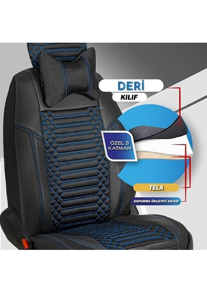 Hyundai Getz Lüx Full Deri Oto Koltuk Kılıfı Ön Arka Takım (Giydirme Tip) Siyah Mavi