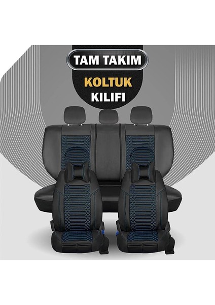 Opel Mokka X Lüx Full Deri Oto Koltuk Kılıfı Ön Arka Takım (Giydirme Tip) Siyah Mavi