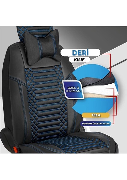 Opel Mokka X Lüx Full Deri Oto Koltuk Kılıfı Ön Arka Takım (Giydirme Tip) Siyah Mavi