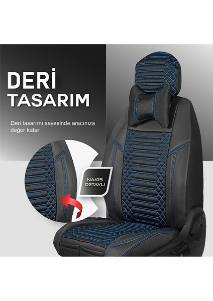 Opel Mokka X Lüx Full Deri Oto Koltuk Kılıfı Ön Arka Takım (Giydirme Tip) Siyah Mavi