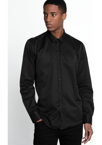 Modern Slim Fit Dar Kesim Pamuklu Kolay Ütülenebilir Armürlü Erkek Gömlek