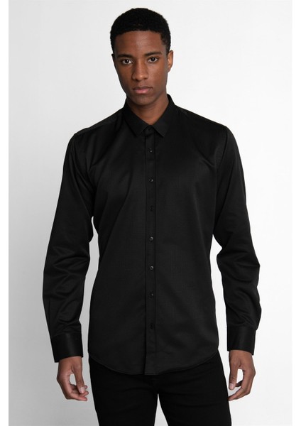Modern Slim Fit Dar Kesim Pamuklu Kolay Ütülenebilir Armürlü Erkek Gömlek