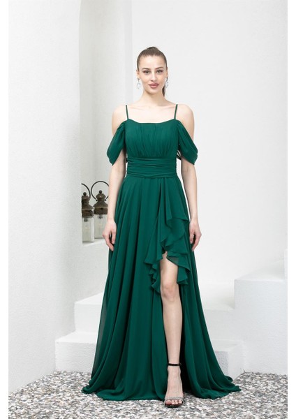 Eteği Volanlı Uzun Yeşil Şifon Abiye Elbise