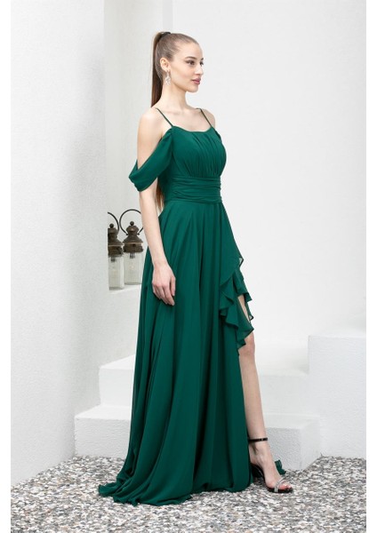 Eteği Volanlı Uzun Yeşil Şifon Abiye Elbise fiyatları