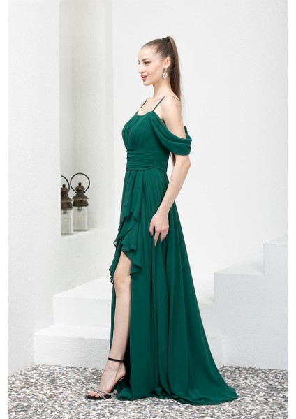 Eteği Volanlı Uzun Yeşil Şifon Abiye Elbise modelleri