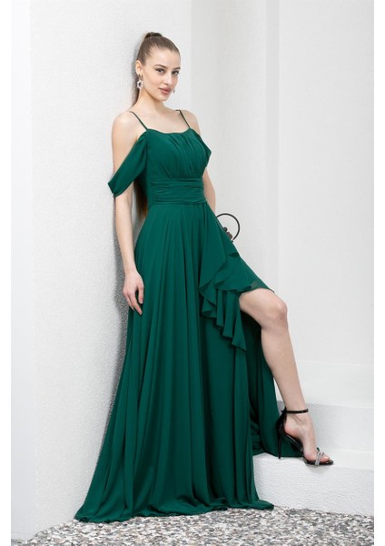 Eteği Volanlı Uzun Yeşil Şifon Abiye Elbise indirimleri