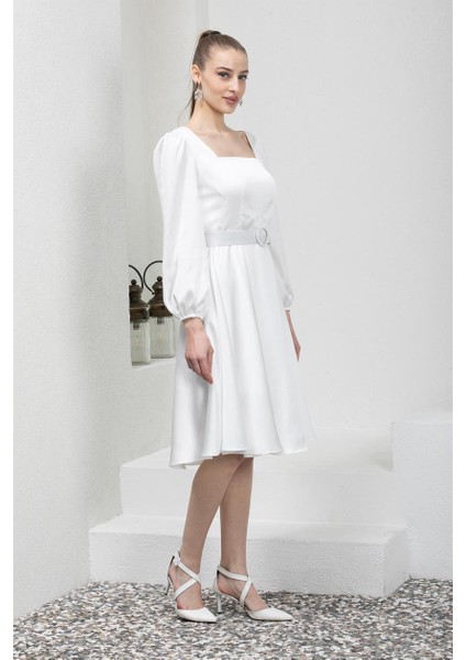 Kare Yaka Beyaz Saten Abiye Elbise fiyatları