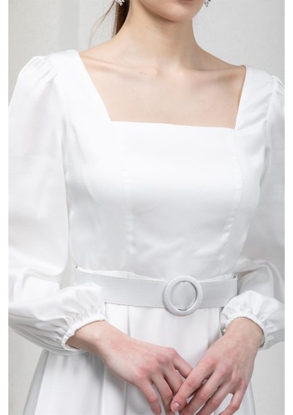 Kare Yaka Beyaz Saten Abiye Elbise modelleri