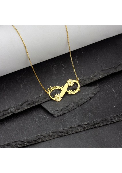 925 Ayar Gümüş Sonsuzluk Papatya Çift Isim Kolye