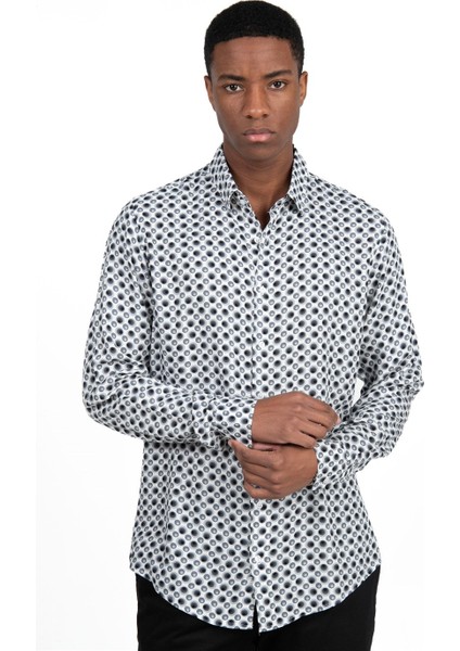 Slim Fit Dar Kesim Uzun Kol Baskılı Desen Viskon Tensel Spor Erkek Gömlek - Tudors