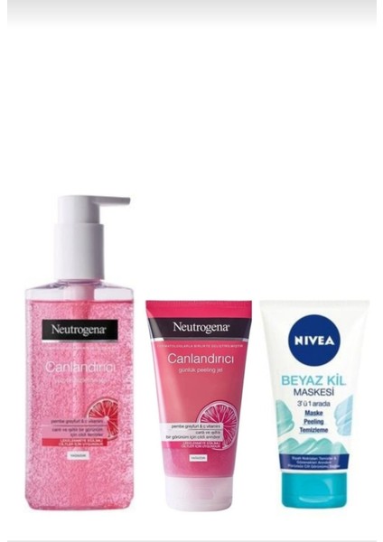 Canlandırıcı Yüz Tem. Jeli 200ML&VISIBLY Clear Pembe Peeling Jel 150ML&NIVEA Beyaz Kil Maskesi 150ML