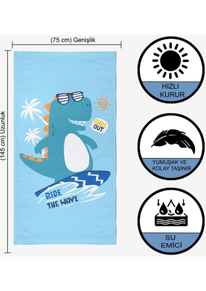 Surf Dino Dijital Baskılı 75X145 Cm Çocuk Plaj Havlusu