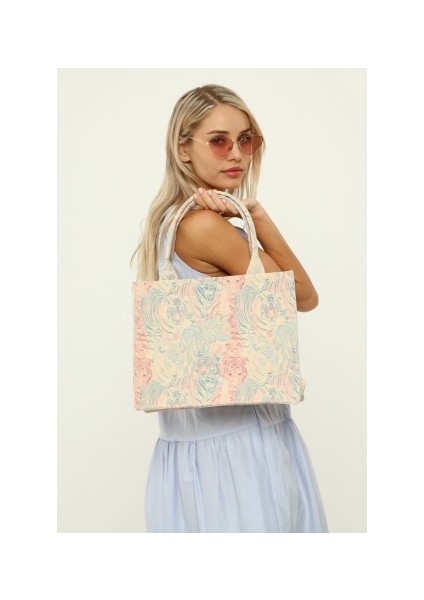 Icone Bag Kadın Desenli Çanta, Icone Desenli Kanvas Çanta, El ve Omuz Çanta, Printed Canvas Bag