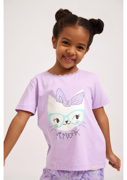 Katia & Bony Lavender Kedi Baskı Kız Çocuk T-Shirt Lila